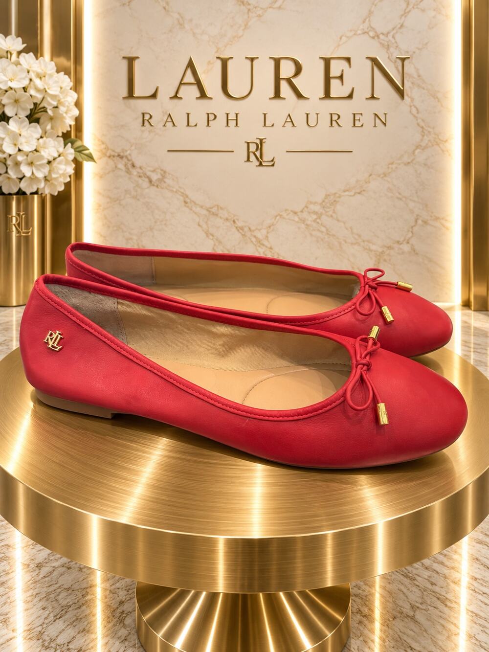 Lauren Ralph Lauren Jayna Red Leather Bow Ballet Flats Size 8B
